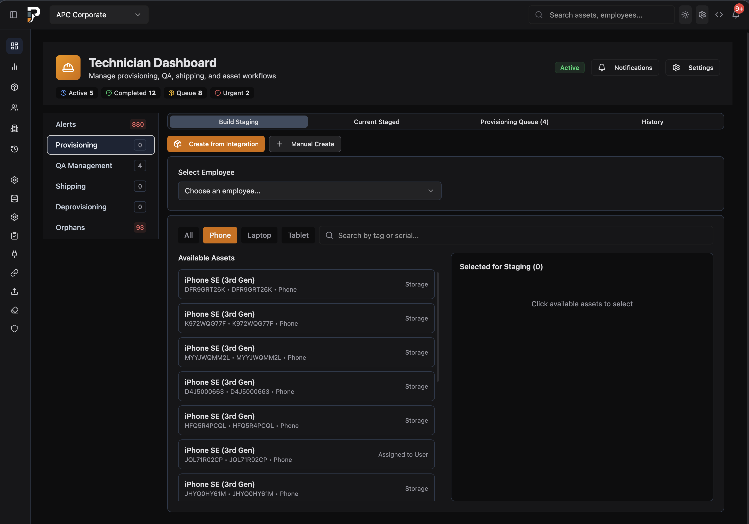 Technician dashboard for device provisioning and asset workflows