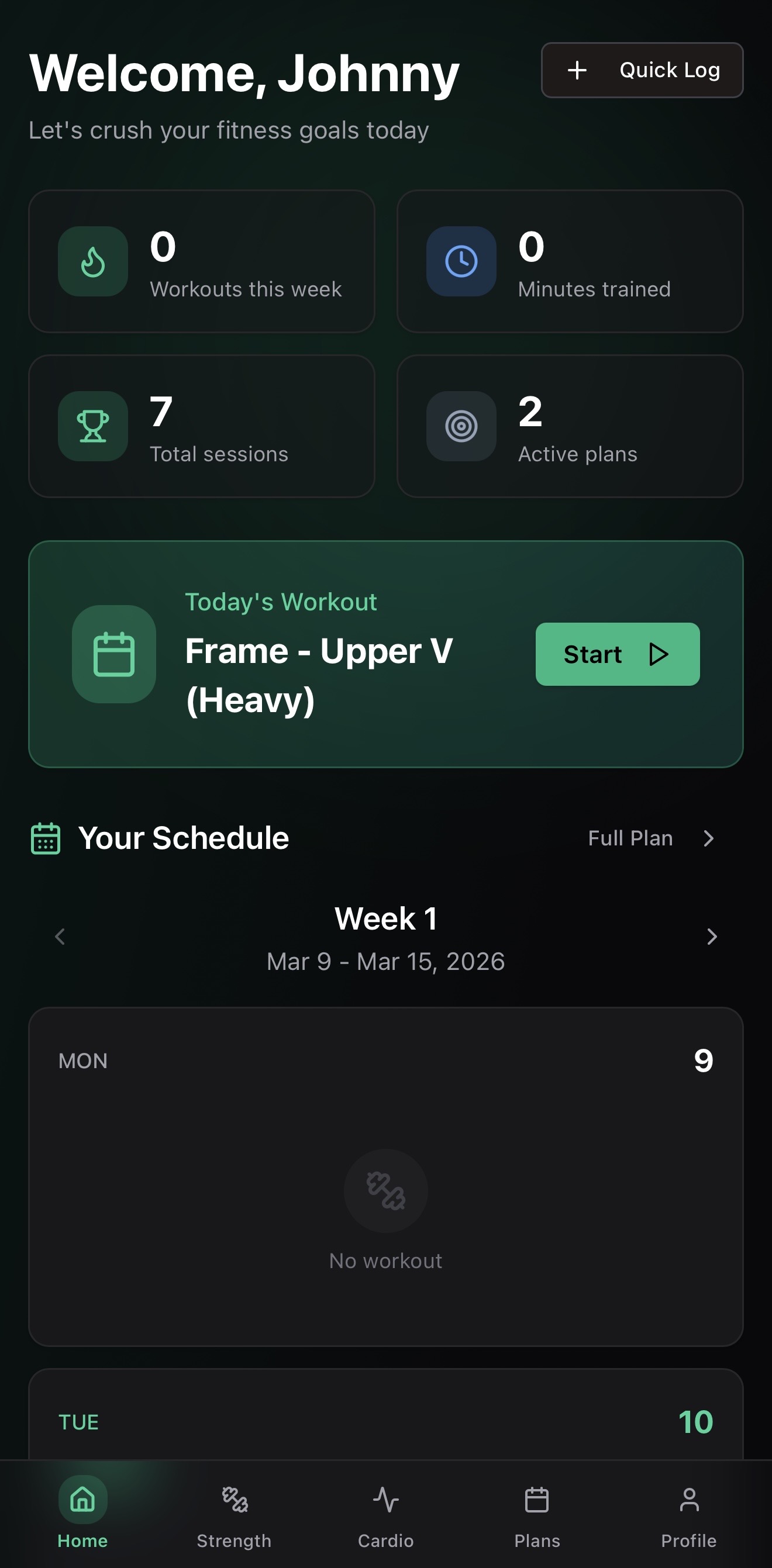 Fitness tracking mobile app home screen